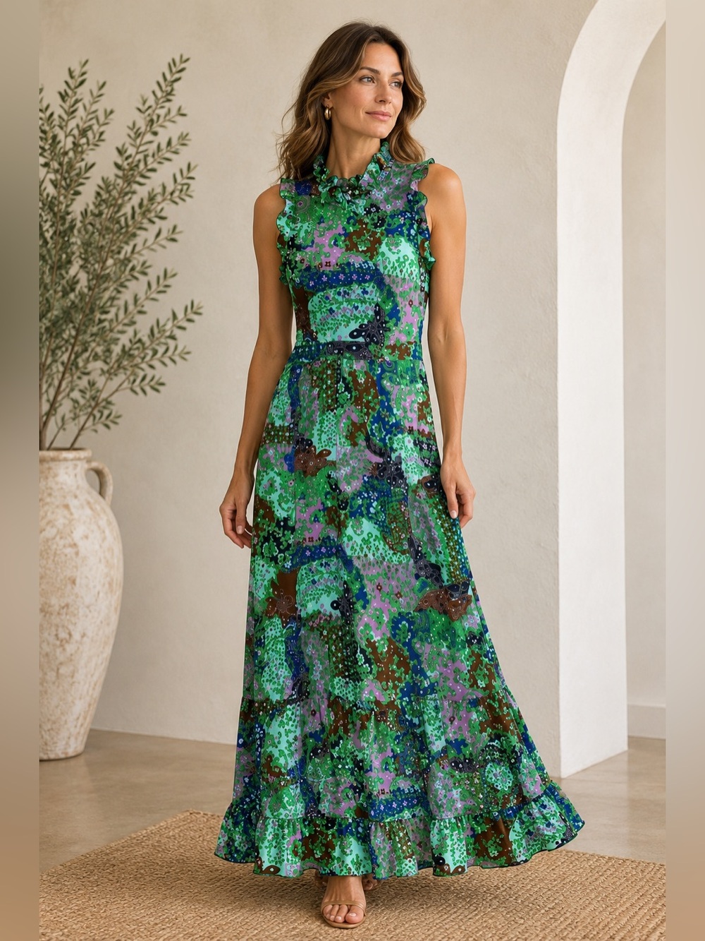 Vintage Andrea Gayle Women's Sleeveless Maxi Dress Ruffle Trim Green Blue Floral - Picture 1 of 9